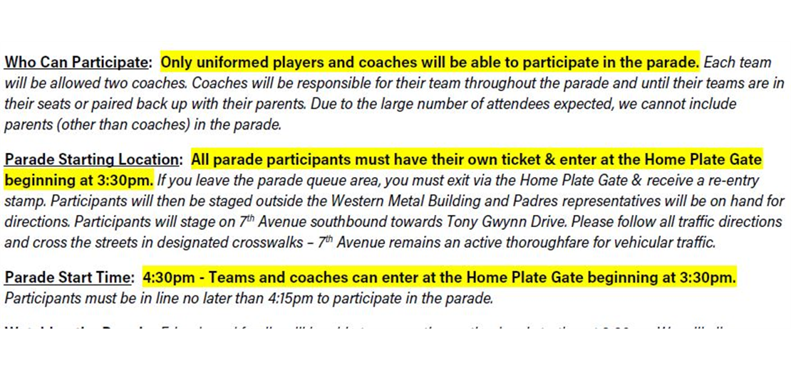 Padres' Day Parade information